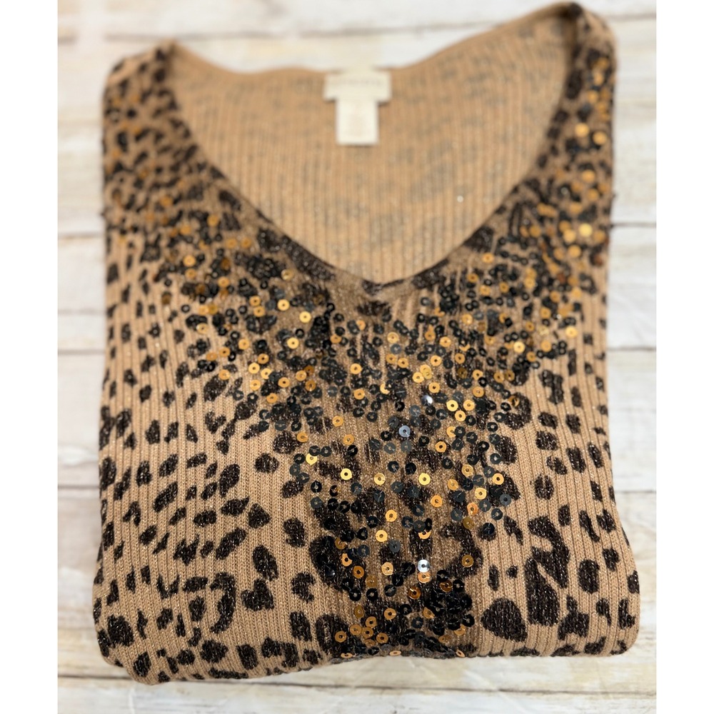 Chico's Leopard Print Sequin V-Neck Ribbed Metallic Sweater Size 2(U.S.12) EUC